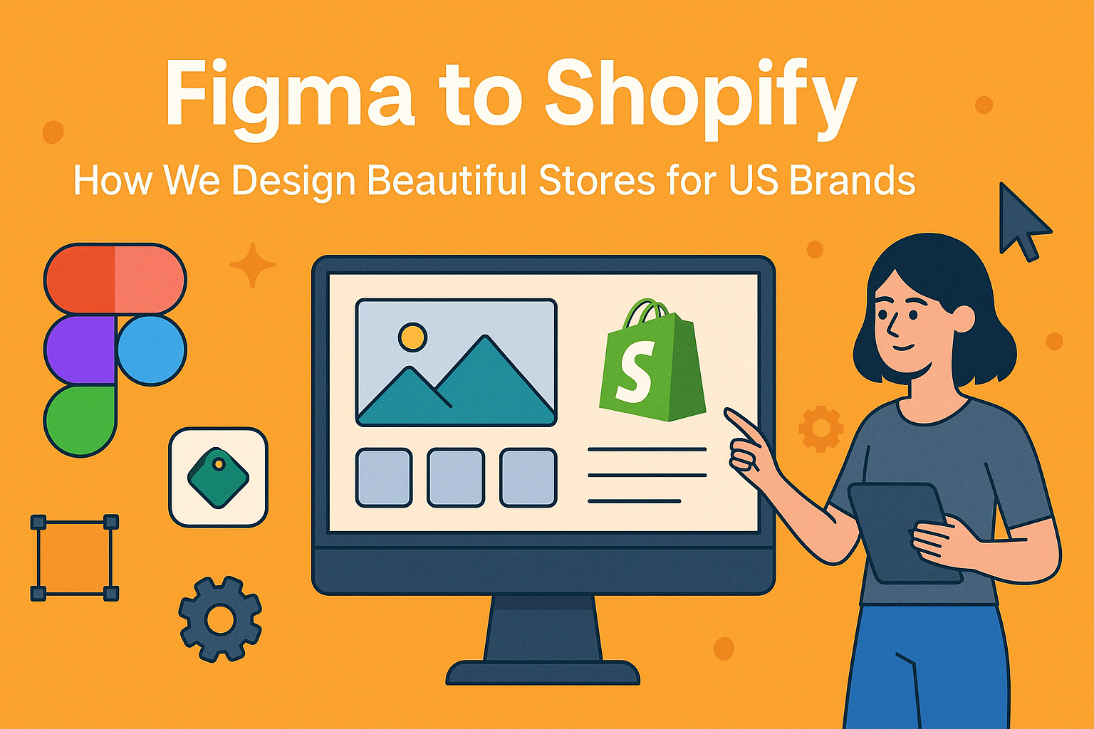 Banner showing Figma and Shopify logos, a designer interacting with a monitor, and custom UI elements representing the Figma to Shopify design workflow