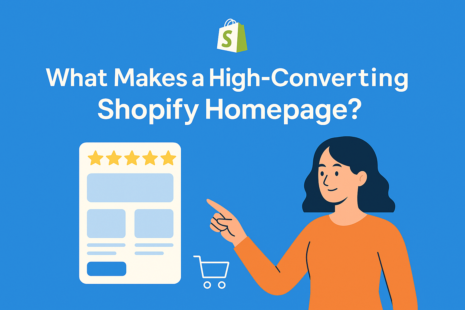 Wide blog banner showing a Shopify homepage mockup on a screen, with a woman pointing at it and bold headline text on a clean blue background.